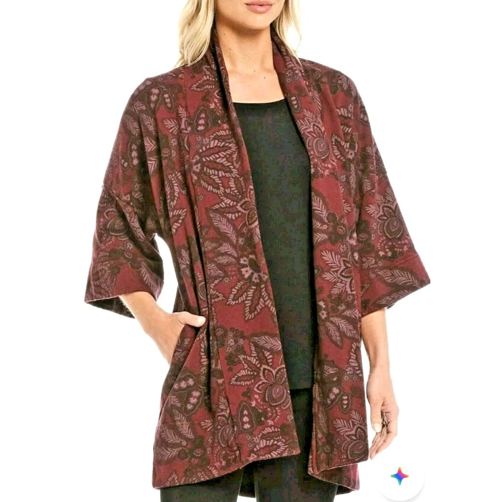 Bryn Walker Margo Cardigan Jacket Cotton Bamboo Jacobean Floral Pink‎ Size XL